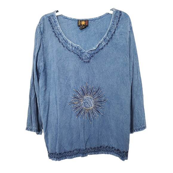 Raya Sun Cotton Blend Printed Embroidered Sun V-Neck Top Size 1X Vintage - Picture 1 of 6